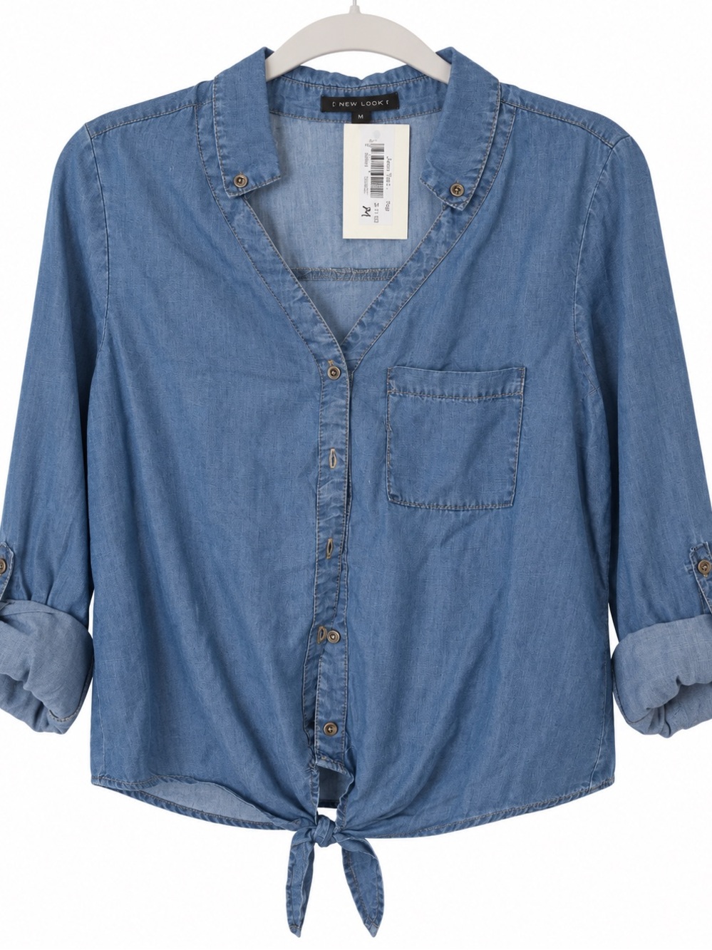 Haute Monde Blue Tie-Front Denim-Style Button-Down Shirt